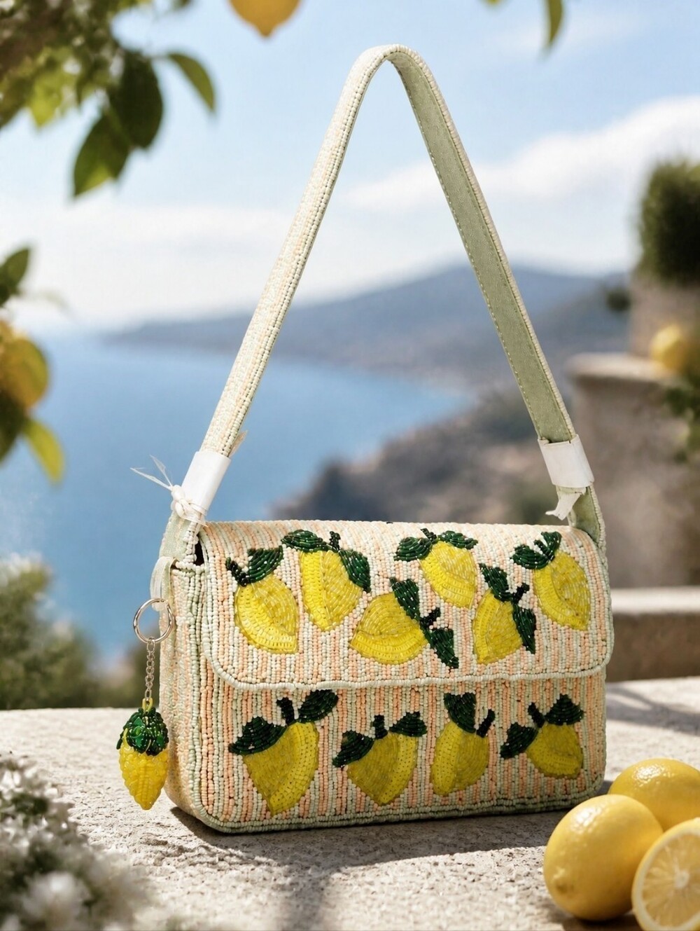 NWT Viral Beaded Lemon Shoulder Bag & Matching Lemon Charm - Cottagecore Trendy - Picture 1 of 16